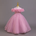 Mauve glitter tulle girls ball gown with off-shoulder ruffle neckline, lace waist and back bow, designed for birthdays and recitals.
