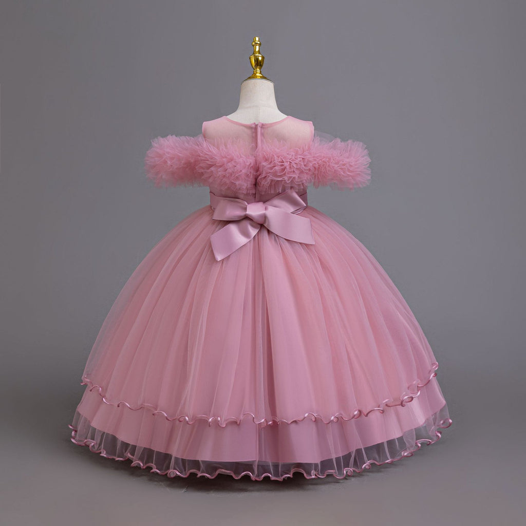 Mauve tulle girls ball gown with ruffled off-shoulder neckline, floral appliqué and satin bow back, designed for weddings and parties, view 3