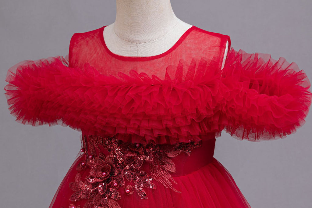 Red tulle girls ball gown with ruffled off-shoulder neckline, floral appliqué and satin bow back, designed for weddings and parties, view 4