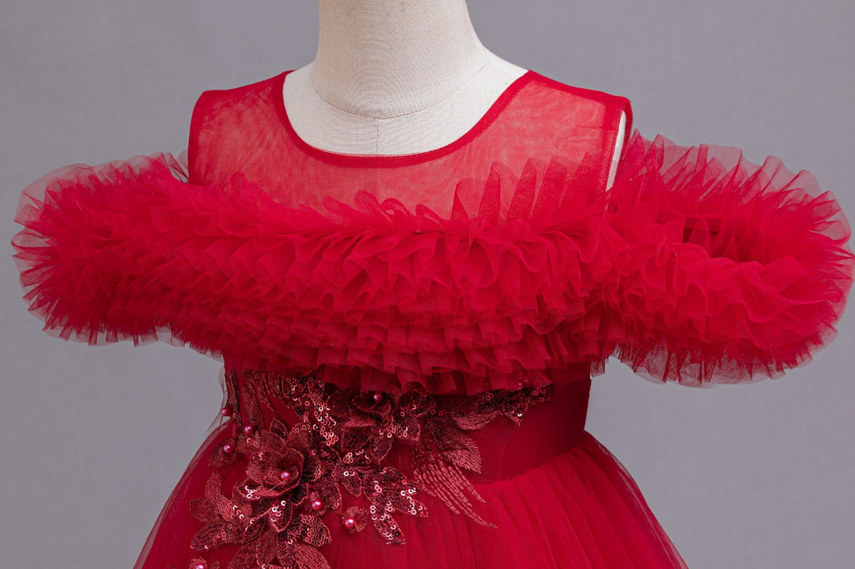Red tulle girls ball gown with ruffled off-shoulder neckline, floral appliqué and satin bow back, designed for weddings and parties, view 4
