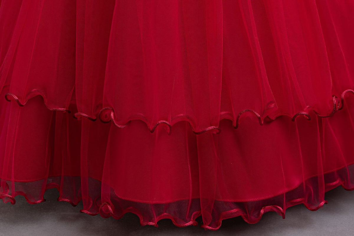 Red tulle girls ball gown with ruffled off-shoulder neckline, floral appliqué and satin bow back, designed for weddings and parties, view 7