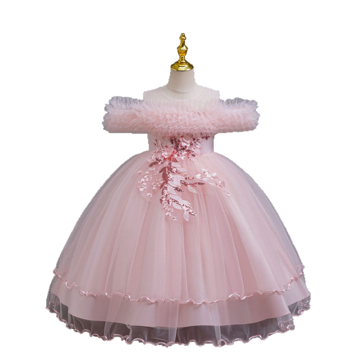 Pink tulle girls ball gown with ruffled off-shoulder neckline, floral appliqué and satin bow back, designed for weddings and parties, view 2