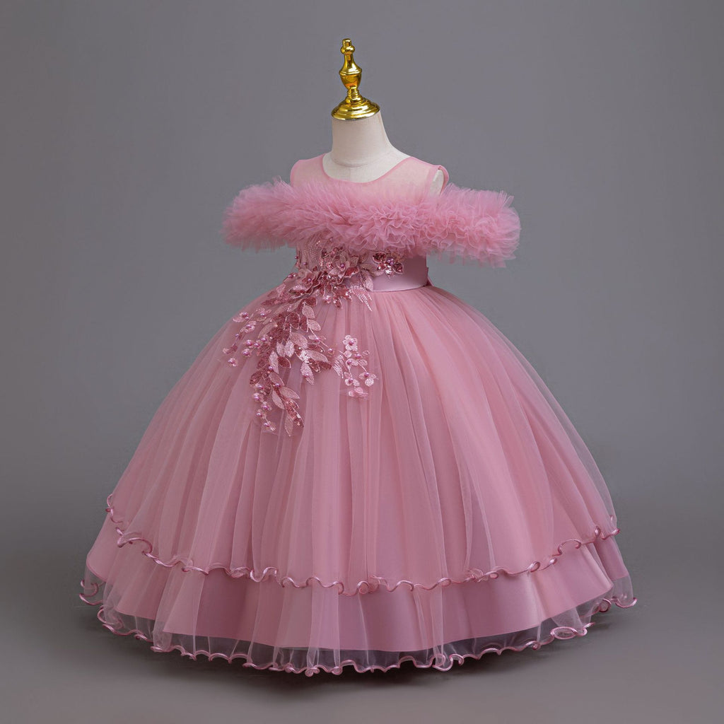 Mauve tulle girls ball gown with ruffled off-shoulder neckline, floral appliqué and satin bow back, designed for weddings and parties, view 2