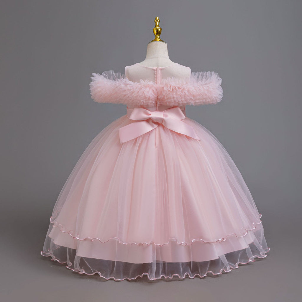 Pink tulle girls ball gown with ruffled off-shoulder neckline, floral appliqué and satin bow back, designed for weddings and parties, view 4