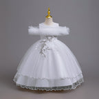 White tulle girls ball gown with ruffled off-shoulder neckline, floral appliqué and satin bow back, designed for weddings and parties.