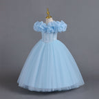 Sky Blue tulle girls princess ball gown with off-shoulder organza ruffle sleeves and pearl-beaded bodice, side view, designed for Christmas, weddings and flower girls.
