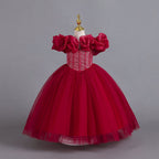Burgundy tulle girls princess ball gown with off-shoulder organza ruffle sleeves and pearl-beaded bodice, designed for Christmas, weddings and flower girls.