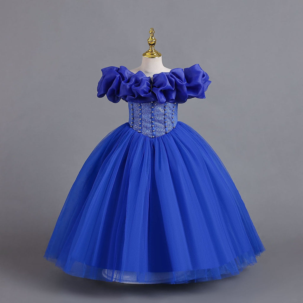 Royal Blue tulle girls princess ball gown with off-shoulder organza ruffle sleeves and pearl-beaded bodice, designed for Christmas, weddings and flower girls.