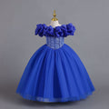 Royal Blue tulle girls princess ball gown with off-shoulder organza ruffle sleeves and pearl-beaded bodice, designed for Christmas, weddings and flower girls.