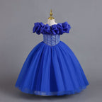 Royal Blue tulle girls princess ball gown with off-shoulder organza ruffle sleeves and pearl-beaded bodice, designed for Christmas, weddings and flower girls.