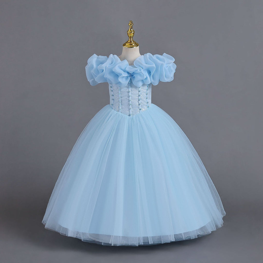 Sky Blue tulle girls princess ball gown with off-shoulder organza ruffle sleeves and pearl-beaded bodice, designed for Christmas, weddings and flower girls.