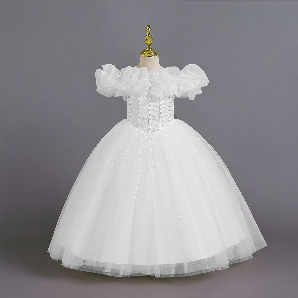 White tulle girls princess ball gown with off-shoulder organza ruffle sleeves and pearl-beaded bodice, designed for Christmas, weddings and flower girls.