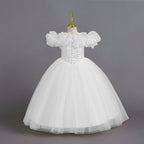 White tulle girls princess ball gown with off-shoulder organza ruffle sleeves and pearl-beaded bodice, designed for Christmas, weddings and flower girls.