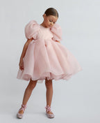Blush pink organza girls dress with V back and pearl button, designed for weddings and photoshoots.