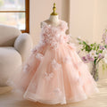 Pink tulle girls flower girl dress with a sequin sweetheart bodice and 3D fabric flowers, front view, for weddings.