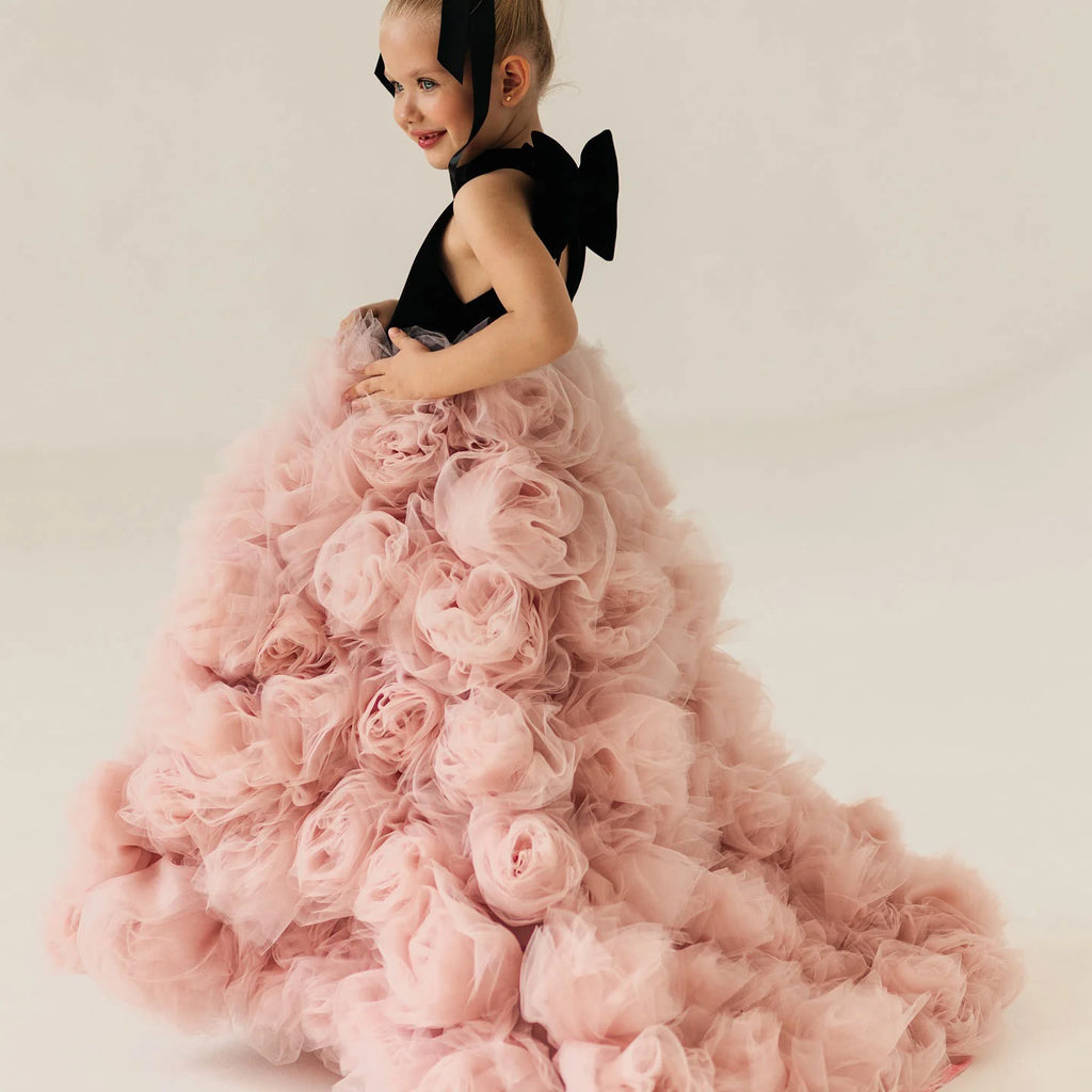Floral trailing flower girl wedding dress in pink