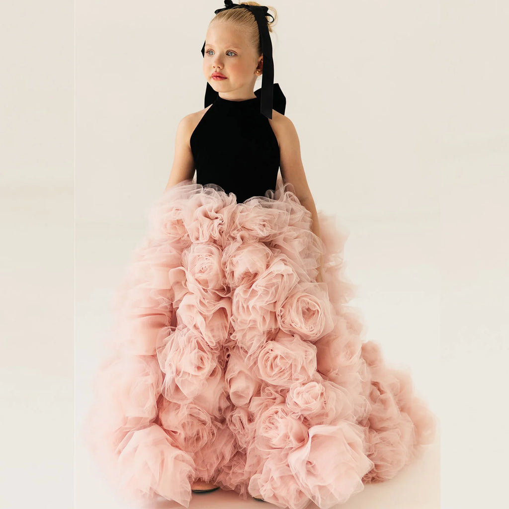 Floral trailing flower girl wedding dress in pink