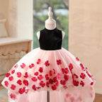 Close-up of the 3D red flower appliques and tiered tulle ruffle on the pink and black birthday girls dresses.