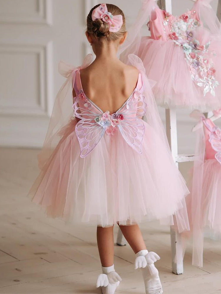 Pink tulle girls dress with 3D floral appliqué, butterfly-wing back and tulle shoulder bows, designed for birthdays and weddings, view 4