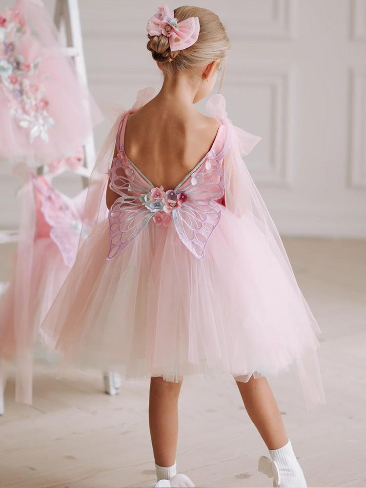Pink tulle girls dress with 3D floral appliqué, butterfly-wing back and tulle shoulder bows, designed for birthdays and weddings, view 5