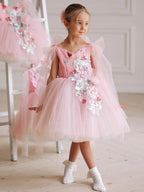 Pink tulle girls dress with 3D floral appliqué, butterfly-wing back and tulle shoulder bows, designed for birthdays and weddings.