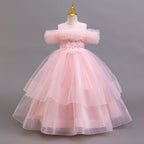 Pink tulle girls ball gown with ruffled off-shoulder neckline and layered tulle skirt, designed for birthdays and parties.
