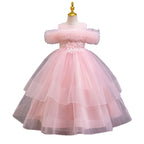 Pink tulle girls ball gown with three banded tulle tiers and lace waist, designed for weddings and photoshoots.