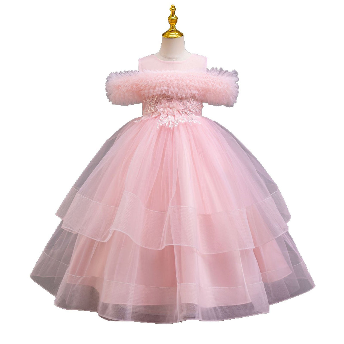 Pink tulle girls ball gown with three banded tulle tiers and lace waist, designed for weddings and photoshoots.