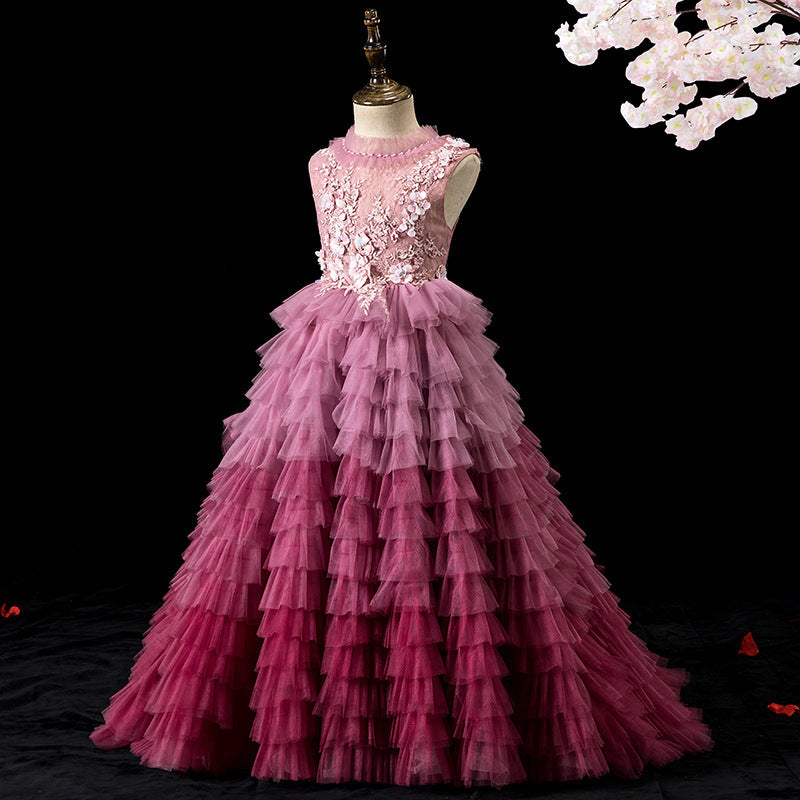 Pink ombre tulle girls gown with floral lace bodice, pearl neck and tiered ruffle train, designed for pageants and formal events, view 2