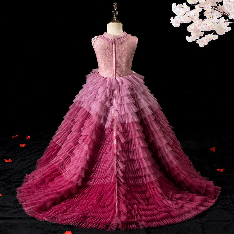 Pink ombre tulle girls gown with floral lace bodice, pearl neck and tiered ruffle train, designed for pageants and formal events, view 3