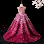 Pink ombre tulle girls gown with floral lace bodice, pearl neck and tiered ruffle train, designed for pageants and formal events, view 3