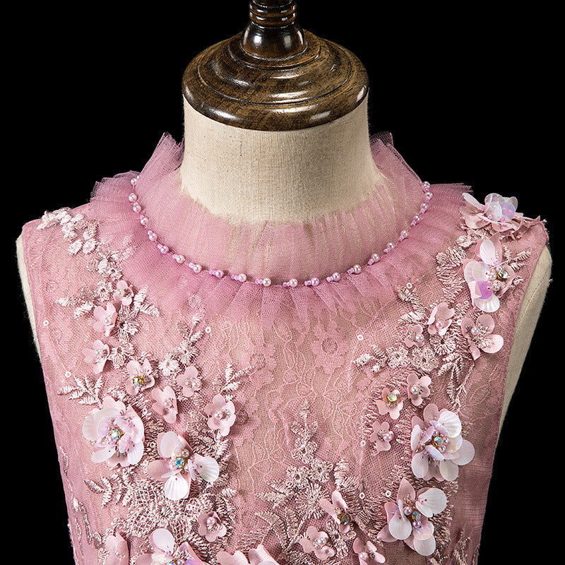 Pink ombre tulle girls gown with floral lace bodice, pearl neck and tiered ruffle train, designed for pageants and formal events, view 4