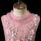 Pink ombre tulle girls gown with floral lace bodice, pearl neck and tiered ruffle train, designed for pageants and formal events, view 4
