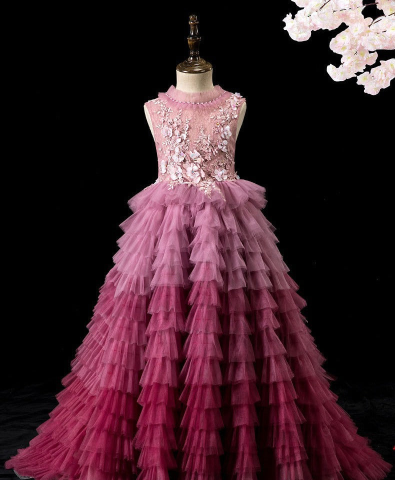 Pink ombre tulle girls gown with floral lace bodice, pearl neck and tiered ruffle train, designed for pageants and formal events, view 7