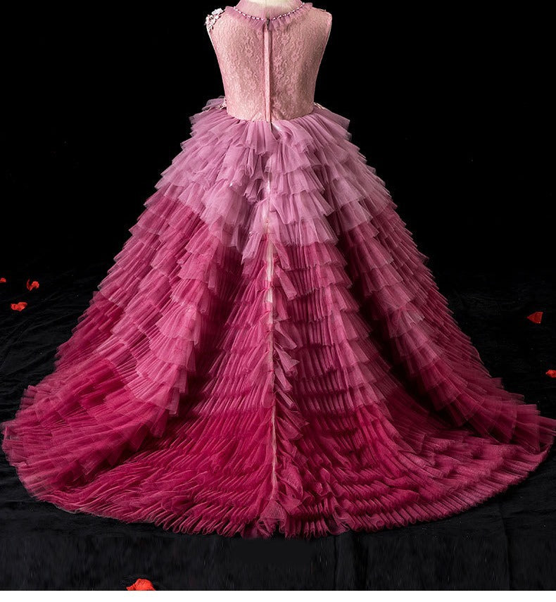 Pink ombre tulle girls gown with floral lace bodice, pearl neck and tiered ruffle train, designed for pageants and formal events, view 8