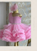 Pink tulle girls one-shoulder dress with pearl beaded waist and tiered ruffle skirt, designed for birthdays, pageants and princess parties, view 8