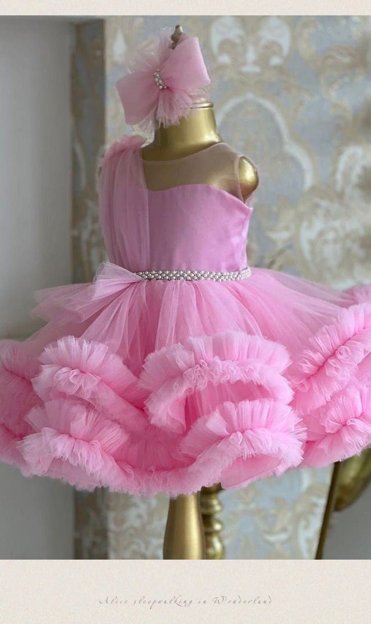 Pink tulle girls one-shoulder dress with pearl beaded waist and tiered ruffle skirt, designed for birthdays, pageants and princess parties, view 10