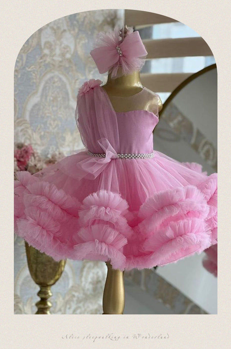 Pink tulle girls one-shoulder dress with pearl beaded waist and tiered ruffle skirt, designed for birthdays, pageants and princess parties, view 11