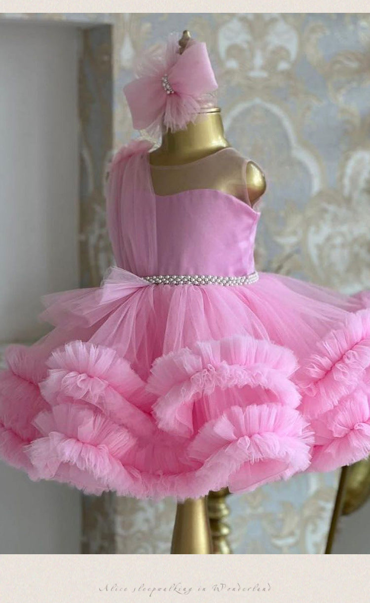 Pink tulle girls one-shoulder dress with pearl beaded waist and tiered ruffle skirt, designed for birthdays, pageants and princess parties, view 12