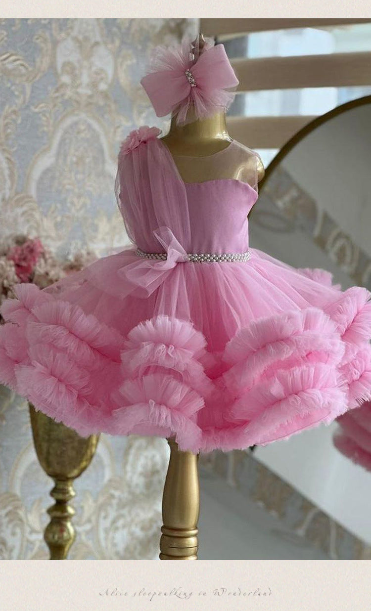 Pink tulle girls one-shoulder dress with pearl beaded waist and tiered ruffle skirt, designed for birthdays, pageants and princess parties, view 13