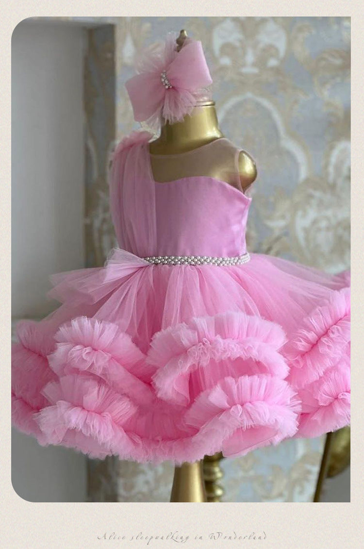 Pink tulle girls one-shoulder dress with pearl beaded waist and tiered ruffle skirt, designed for birthdays, pageants and princess parties, view 14