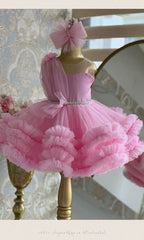 Pink tulle girls one-shoulder dress with pearl beaded waist and tiered ruffle skirt, designed for birthdays, pageants and princess parties, view 15