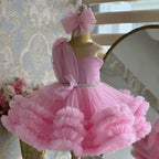 Pink tulle girls one-shoulder dress with pearl beaded waist and tiered ruffle skirt, designed for birthdays, pageants and princess parties, view 3