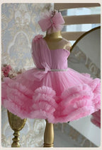 Pink tulle girls one-shoulder dress with pearl beaded waist and tiered ruffle skirt, designed for birthdays, pageants and princess parties, view 4
