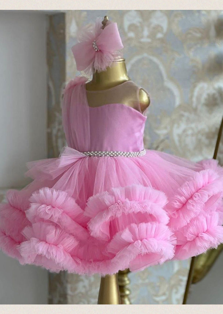 Pink tulle girls one-shoulder dress with pearl beaded waist and tiered ruffle skirt, designed for birthdays, pageants and princess parties, view 5