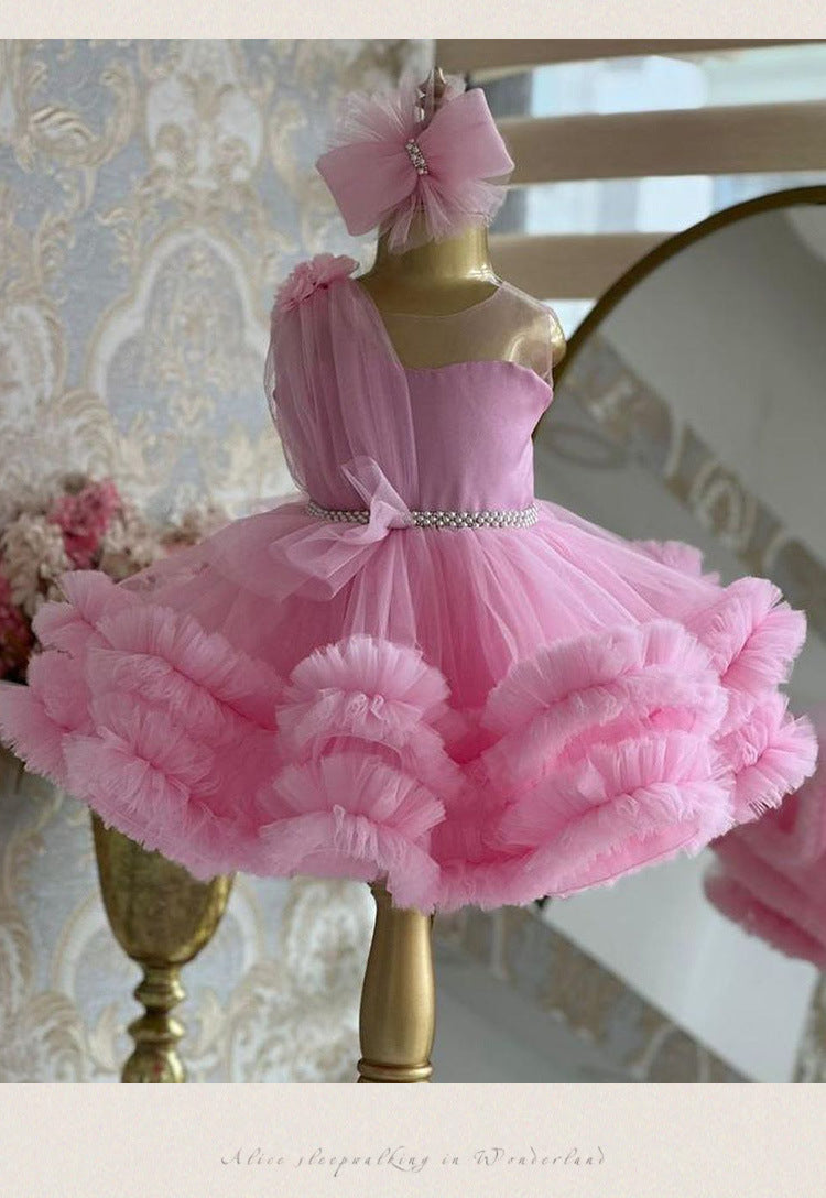 Pink tulle girls one-shoulder dress with pearl beaded waist and tiered ruffle skirt, designed for birthdays, pageants and princess parties, view 7