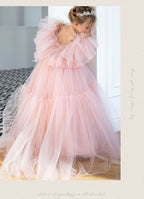 Pink tulle girls princess gown with sequin bodice, ruffled flutter sleeves and tiered train skirt, designed for birthdays and weddings, view 11