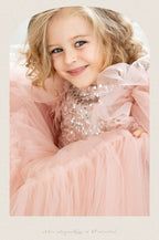 Pink tulle girls princess gown with sequin bodice, ruffled flutter sleeves and tiered train skirt, designed for birthdays and weddings, view 14
