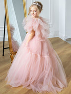 Pink tulle girls princess gown with sequin bodice, ruffled flutter sleeves and tiered train skirt, designed for birthdays and weddings, view 2