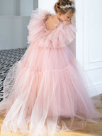 Pink tulle girls princess gown with sequin bodice, ruffled flutter sleeves and tiered train skirt, designed for birthdays and weddings, view 5